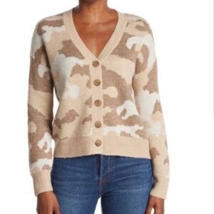 Lucky Brand Womens Size Small New Sweater Cardigan Wool Blend Camo Tan Neutral